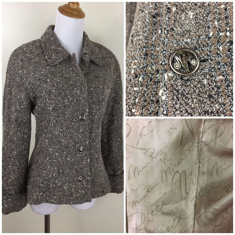 NINA RICCI Edition Paris France Black Brown Cream Speckled Tweed/Boucle Jacket